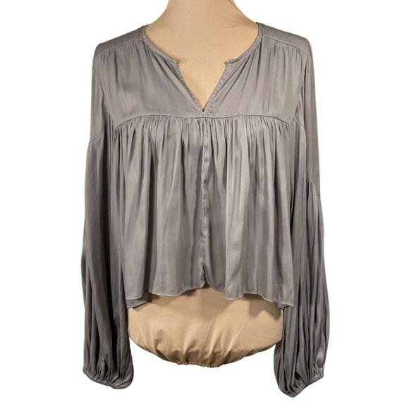 Mustard Seed Blouse Top Flowy Balloon Sleeve Taupe Size S Small Satiny - Picture 1 of 8